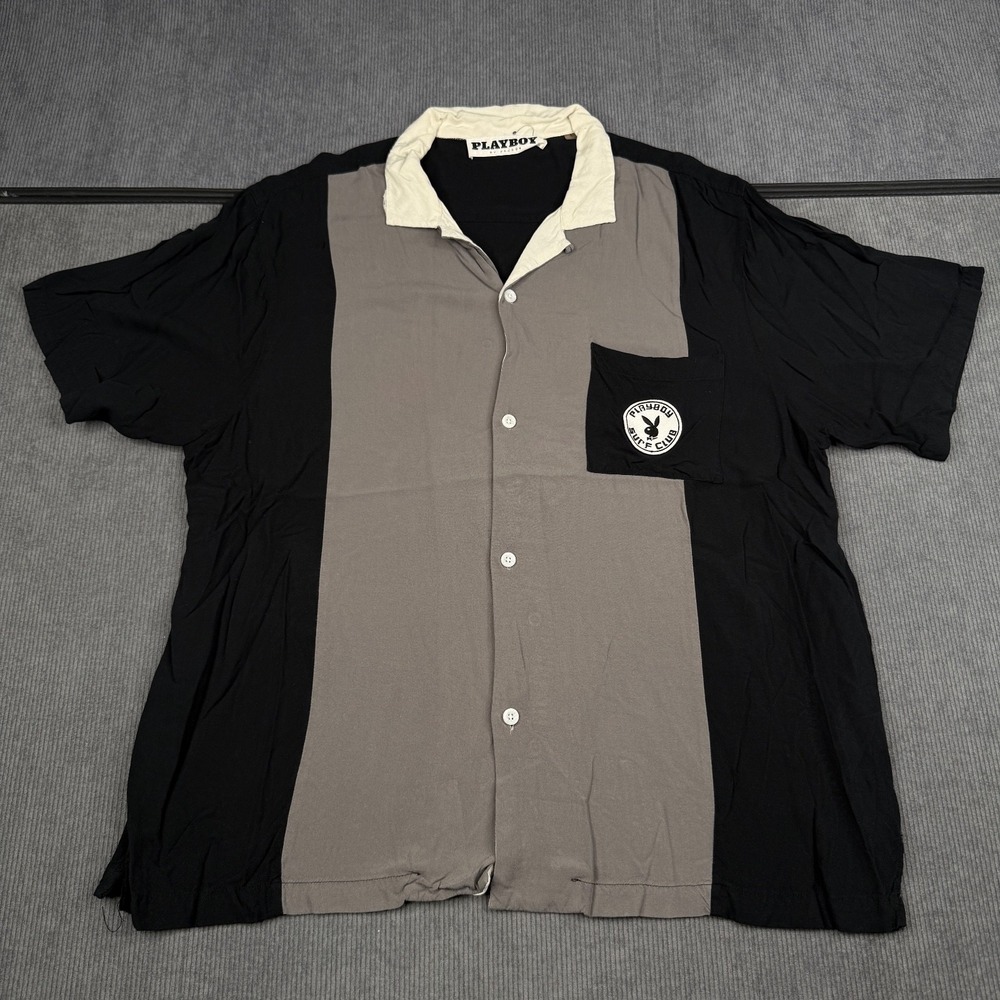 Playboy by PacSun Mens Large Colorblock Bowling Shirt Black Grey Surf‎ Club Logo
